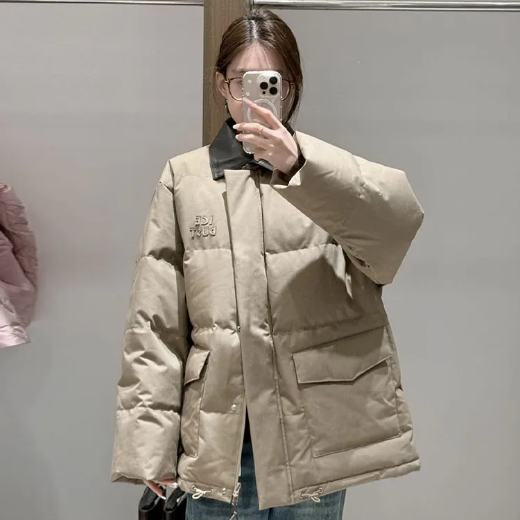 【现货】ICE25冬季新拼接显瘦翻领面包羽绒服韩版保暖加厚中长款