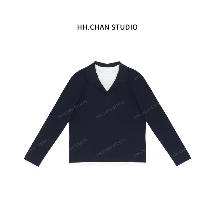 HH.CHAN“精妙随性2“100%棉汉服miu风polo假两件藏青色长袖HH-7175