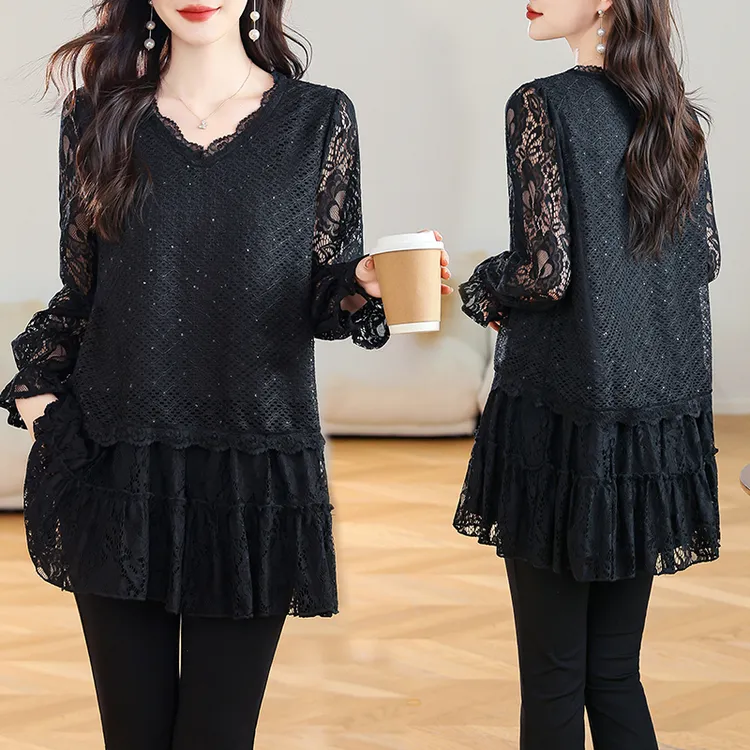大码蕾丝衫女2025春新款宽松显瘦假两件领胖中长亮片上衣洋气
