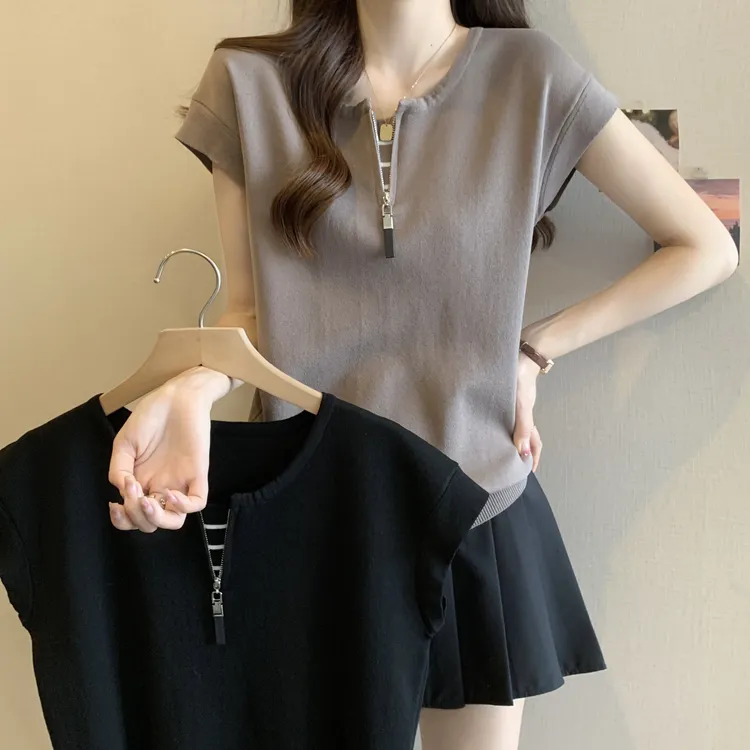 美式正肩短袖冰丝T恤女夏装大码胖mm显瘦遮肚子设计感半拉链上衣