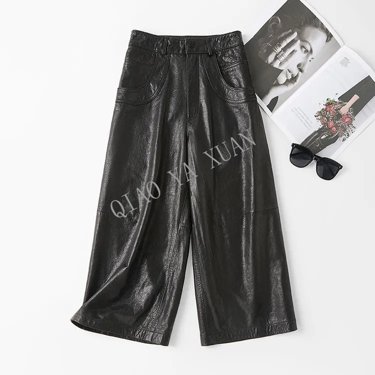 vivi同款欧洲站春秋新款时尚复古油蜡牛皮八分裤女真皮休闲阔腿裤
