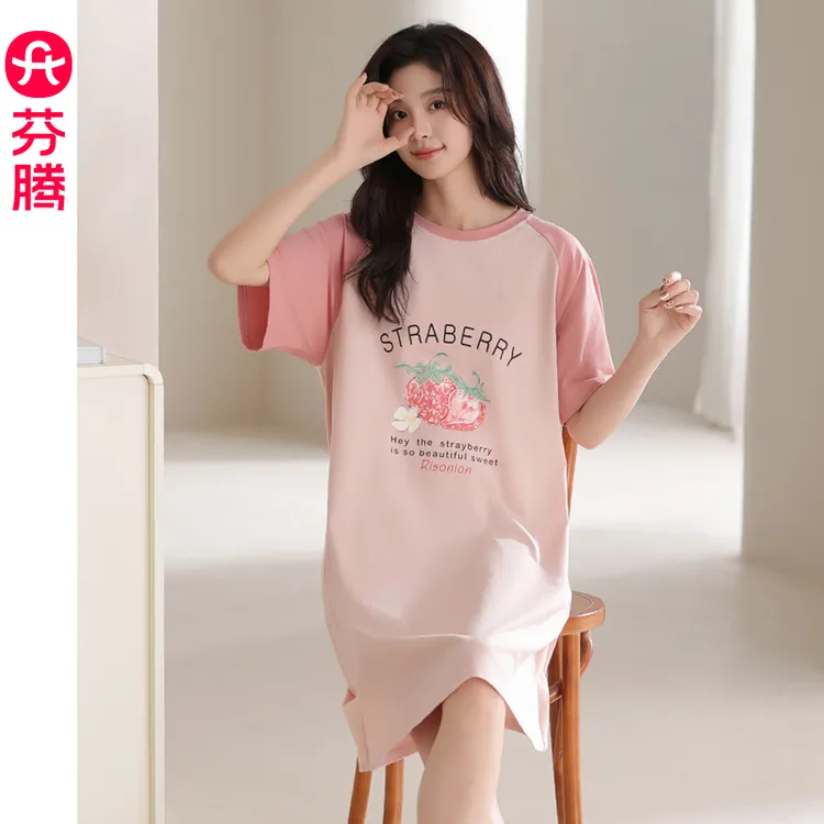 芬腾睡衣女款爆款2025新款睡裙女夏季薄款纯棉短袖宽松少女全棉裙