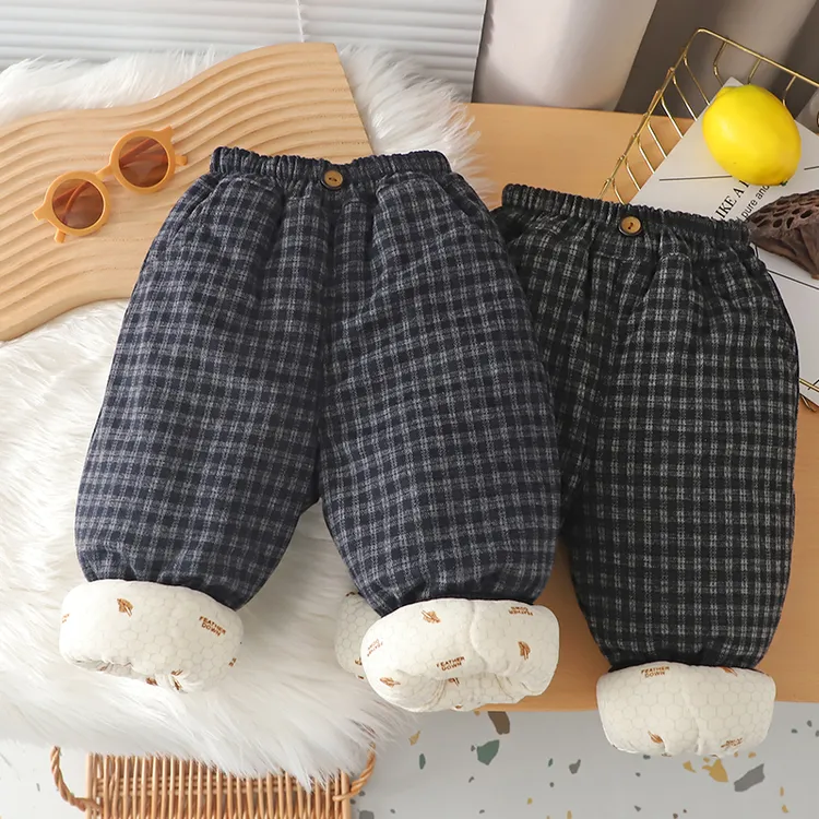 儿童棉裤三层加厚男女童冬季加绒百搭格子休闲保暖棉裤一条过冬