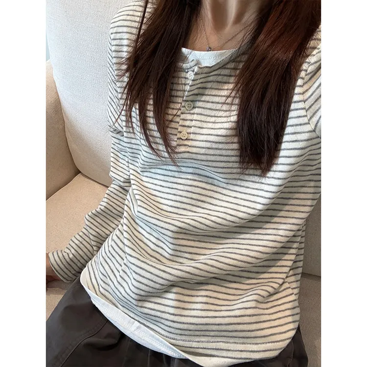 韩系复古正肩亨利领假两件条纹长袖T恤女早秋宽松慵懒小众上衣ins