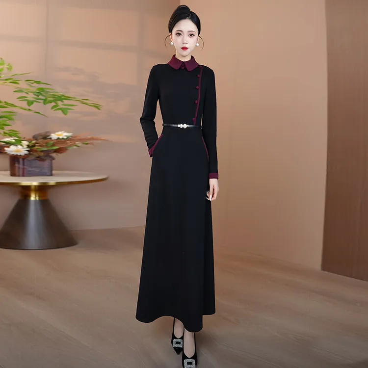 黑色加厚毛呢连衣裙女2025秋冬新款显瘦气质长款裙子修身优雅长裙