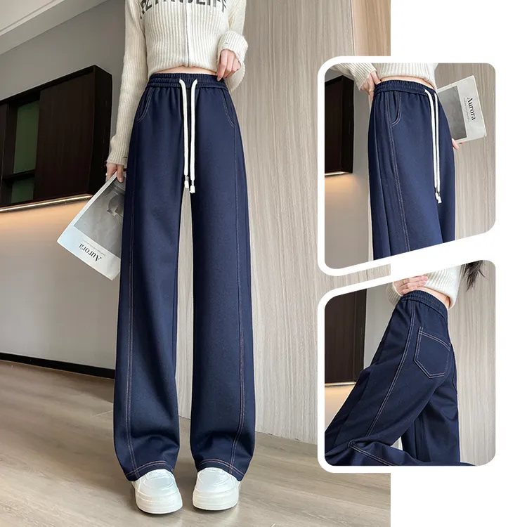 加绒加厚丹宁蓝阔腿丹牛仔裤女高腰宽松大码胖mm休闲直筒窄版女裤