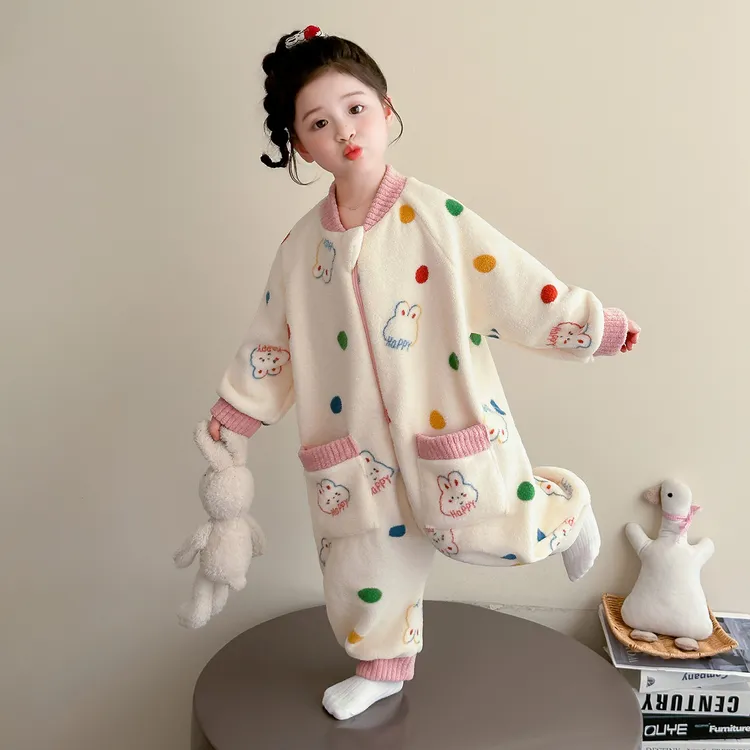 女童睡衣2025新款女宝宝儿童秋冬珊瑚绒连体保暖睡袋法兰绒家居服