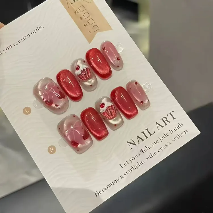 纯手工猫眼渐变穿戴甲法式高级感奢华甜系可爱樱花蝴蝶结美甲