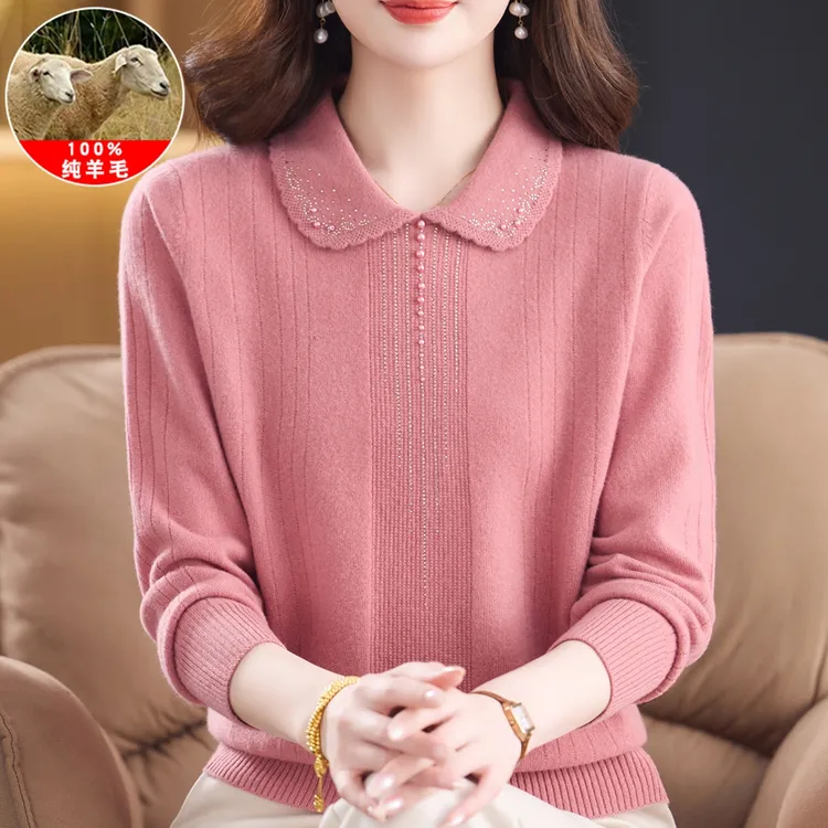 娃娃领100纯羊毛衫女秋冬毛衣2025新款减龄妈妈翻领针织打底上衣