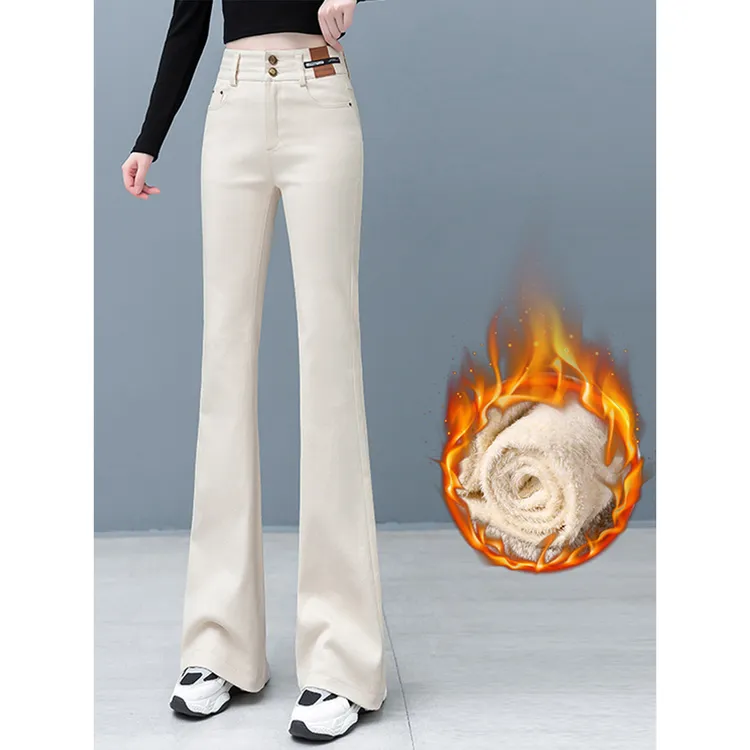 拉夏贝尔显高显瘦微喇牛仔裤女2025秋冬季高腰加绒修身直筒喇叭裤