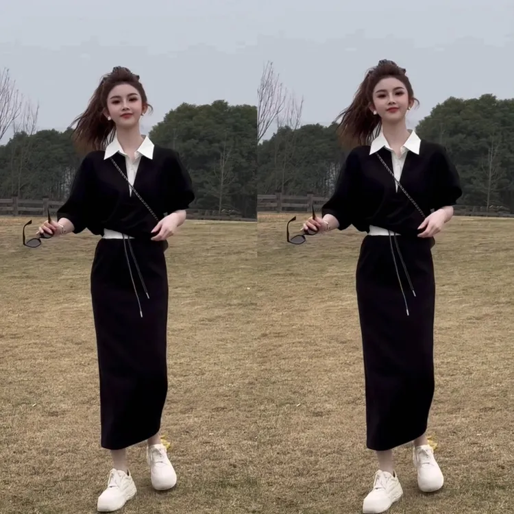 （留学日记）春上新！拼色领设计休闲学院风简约卫衣套装裙女