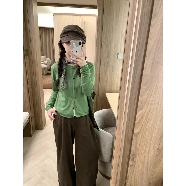 大码胖MM慵懒休闲绿色针织开衫女2025早秋新款遮肉显瘦长袖毛衣