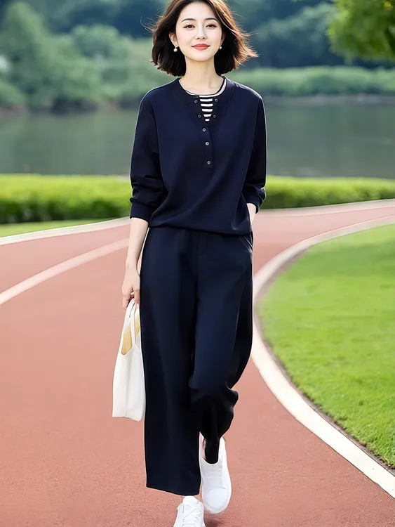 超火减龄2025女春秋新款时尚休闲简约假两件卫衣松紧腰长裤两件套