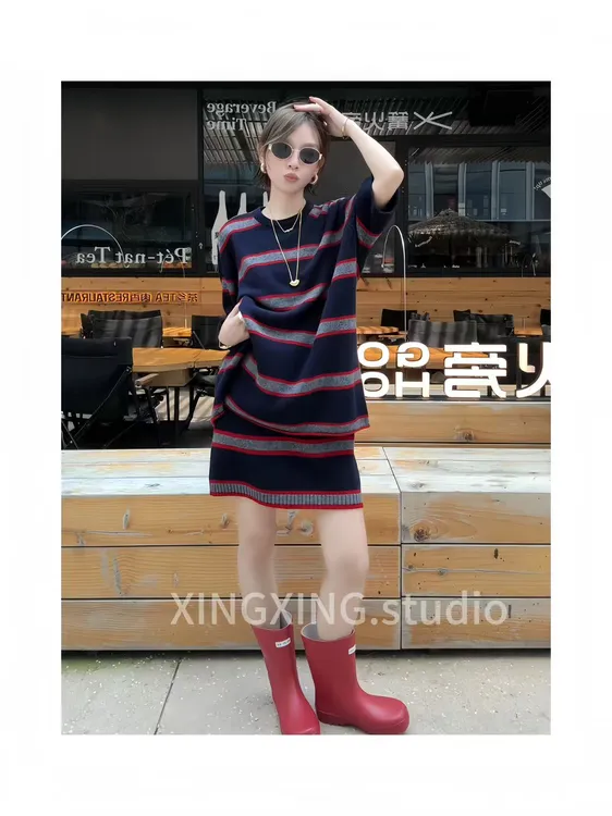X.x欧洲站秋季新款条纹圆领短袖针织衫半身裙时尚套装潮16053