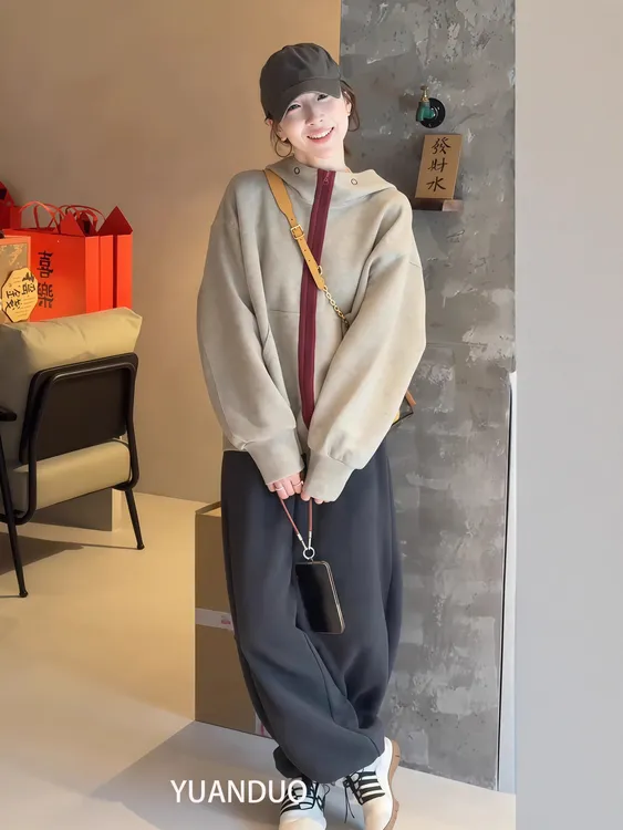 韩系秋冬穿搭一整套慵懒风撞色连帽卫衣潮宽松休闲卫裤秋冬套装女