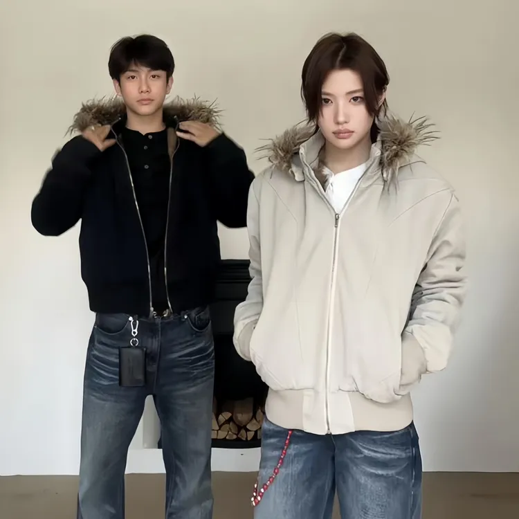 座山狮帆布夹克男秋冬设计感银狐可拆卸解构毛领外套高级感座山雕