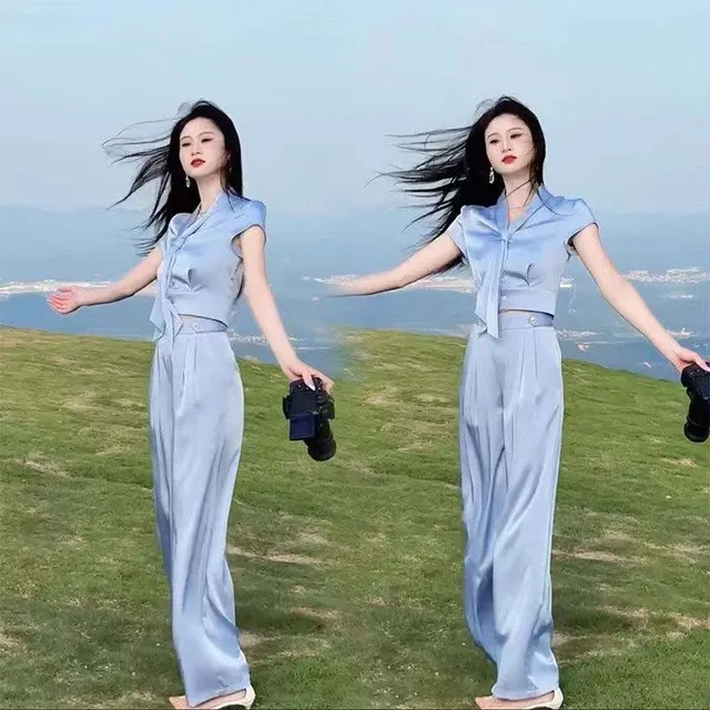 高级感时尚新款套装2024夏季短袖上衣高腰阔腿裤纯色洋气两件套潮