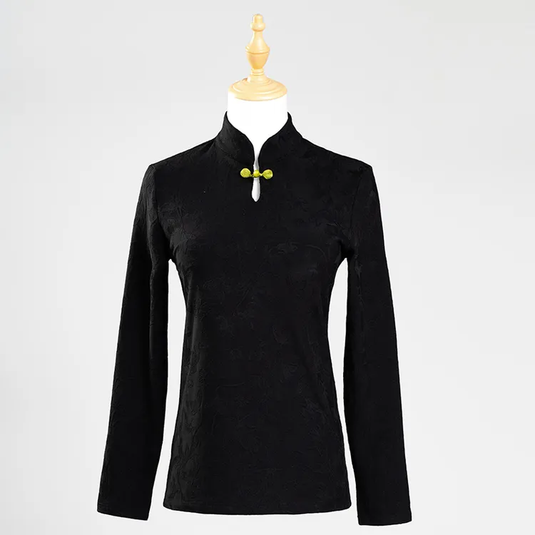 明羽织造新中式汉服国风立领盘扣上衣黑色长袖打底衫女士秋冬款