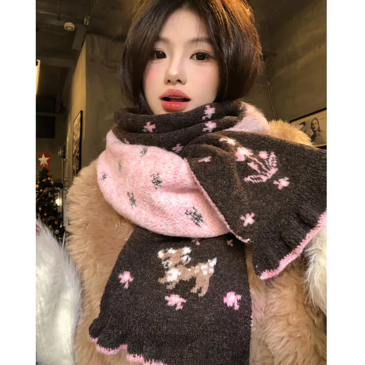 韩系小鹿双面针织围巾女生冬高级感氛围感加厚保暖毛线护颈小围脖