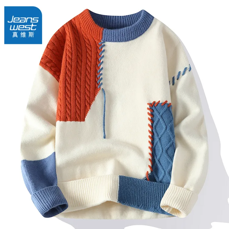 Jeanswest/真维斯美式复古圆领宽松针织衫毛衣男款秋冬季时尚上衣