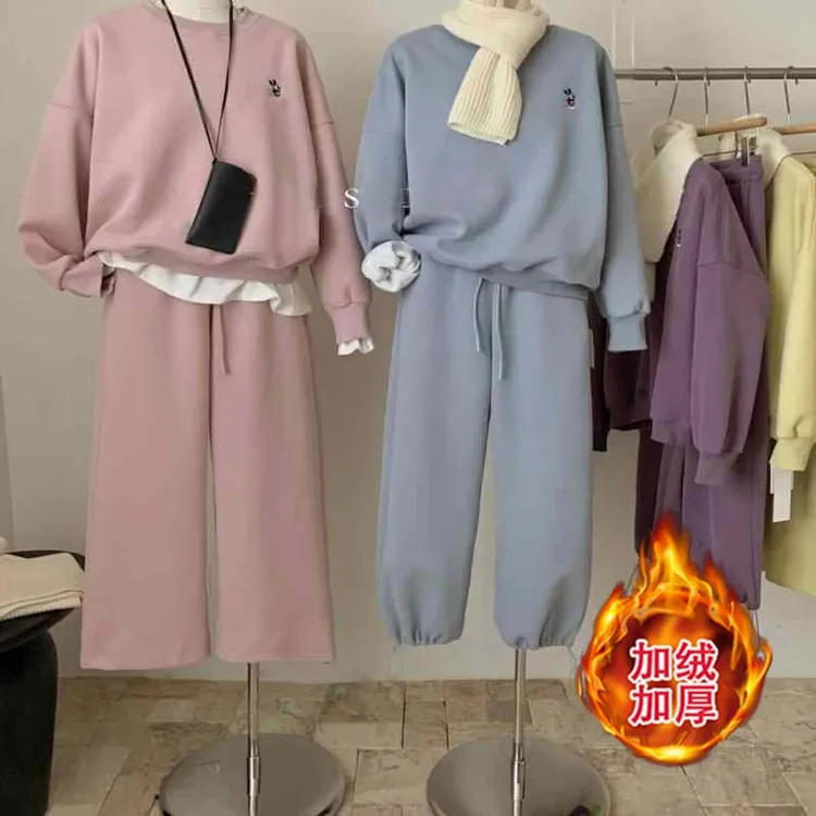 卫衣套装女秋冬加绒加厚卡通米奇刺绣加绒上衣休闲裤两件套配围巾