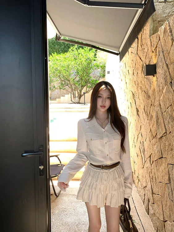 秋日旋律 慵懒风休闲复古正肩长袖衬衫上衣高腰显瘦蛋糕短裙套装