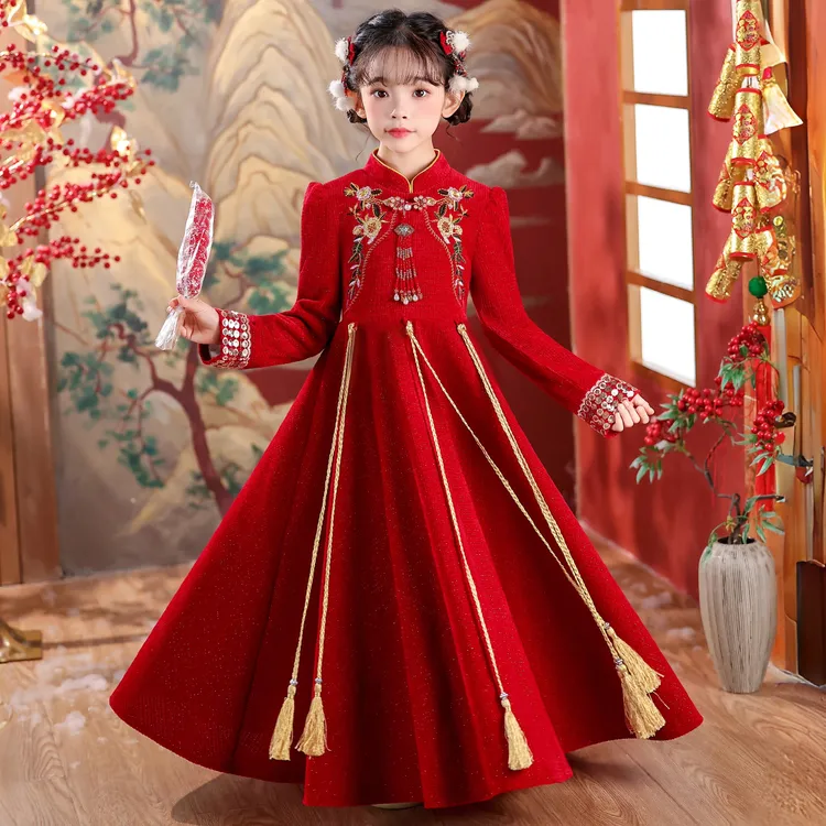 汉服女童冬季拜年服连衣裙2025新款儿童加绒套装女孩新年国风唐装