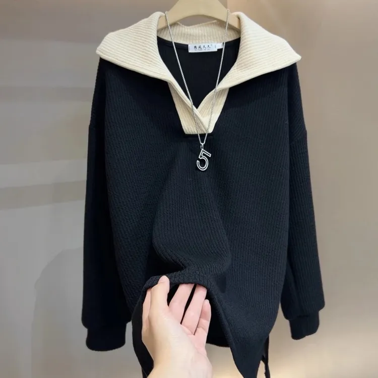 常规拼接T恤女时尚常规款黑色打底长袖百搭宽松型