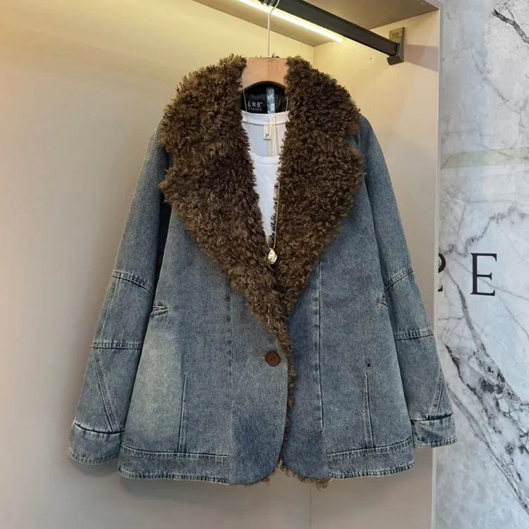 毛毛翻领长袖牛仔夹棉外套大码女装欧洲站冬季款洋气百搭棉衣上衣