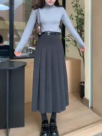 运费补贴小个子秋冬灰色毛呢百搭遮胯修身显瘦高腰百褶裙半身长裙