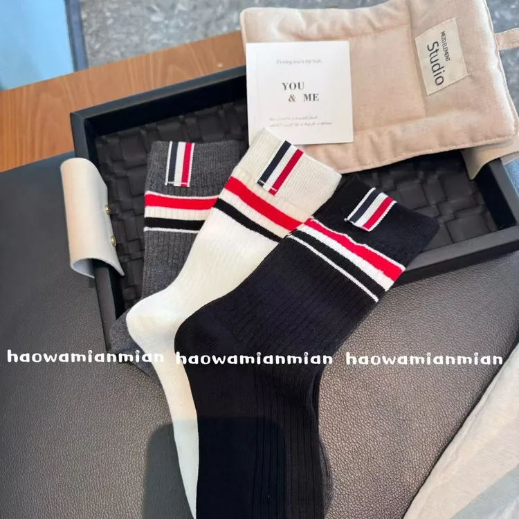 TB条纹袜子女百搭ins潮韩版时尚高颜值高筒袜布标双针外穿堆堆袜
