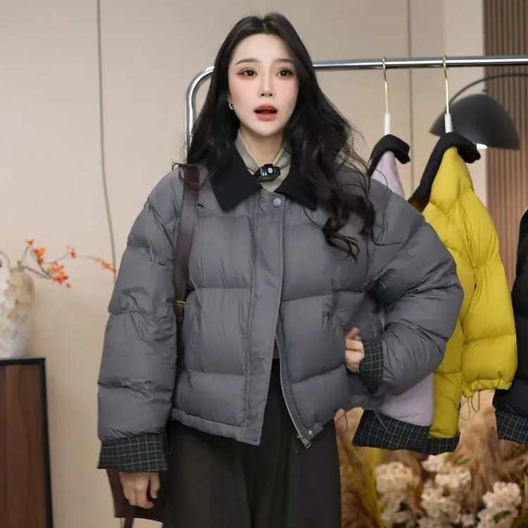 翻领拼接撞色短款加厚棉服女2025冬季新款宽松面包服棉衣外套