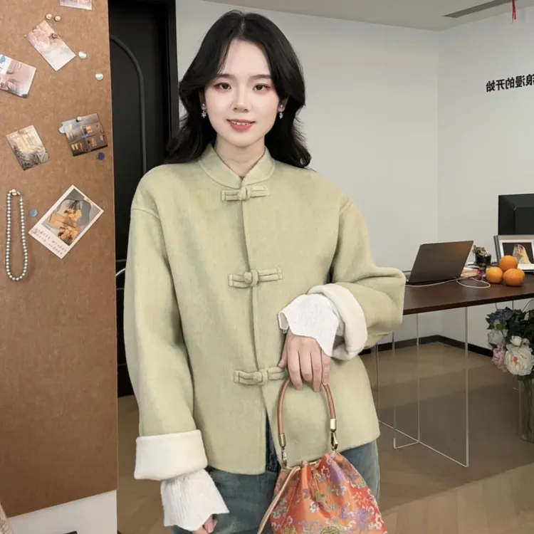 萌姐【88011】新国潮名媛轻奢感盘扣羊毛大衣时尚毛呢外套-禁水洗