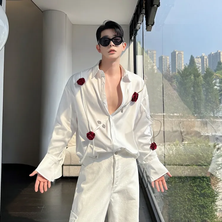 2025秋装法式衬衫男长袖小众立体燃烧玫瑰花衬衣韩版网红发型师潮