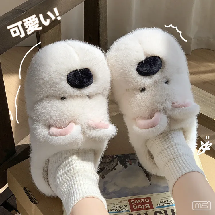可爱立体卡通小狗居家毛毛棉拖鞋女款秋冬室内家居保暖防滑棉拖鞋