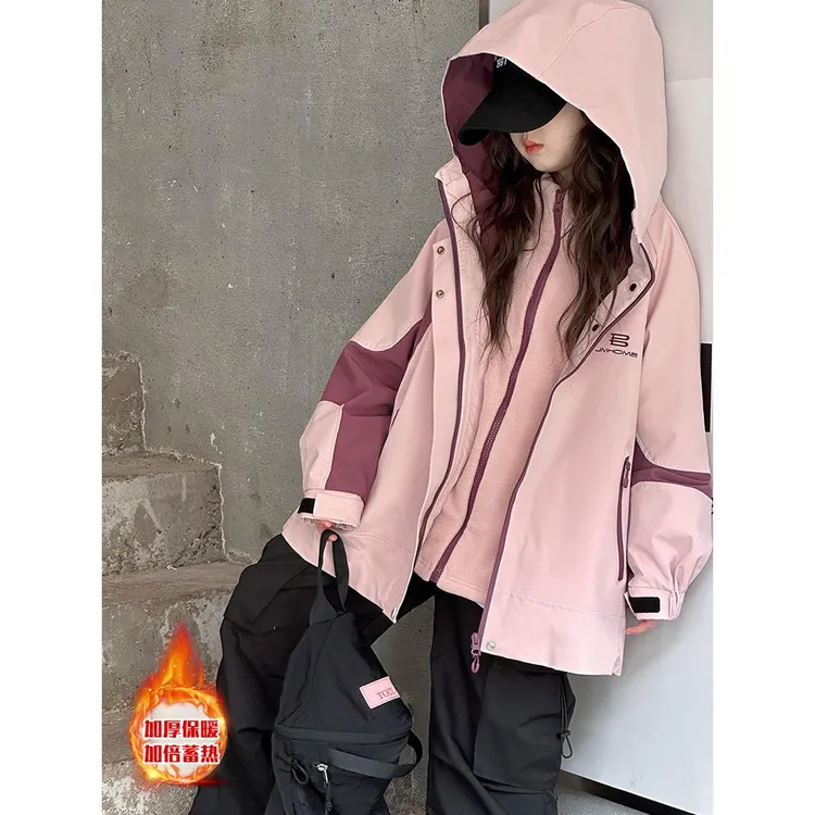 女童冲锋衣三合一可拆卸2025秋冬新款女孩大童加绒加厚连帽外套潮