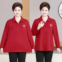 中老年妈妈秋季新款翻领长袖加棉宽松大码显瘦遮肚T恤能穿到240斤