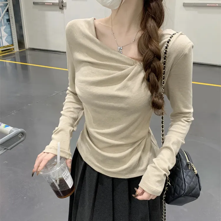 纯欲露肩长袖T恤女秋季内搭收腰打底衫修身显瘦辣妹荡领短款上衣