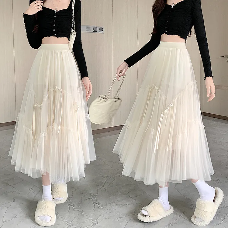 【冲量价】2025春夏新品织带装饰网纱半身裙女高腰A字大摆裙纱裙子