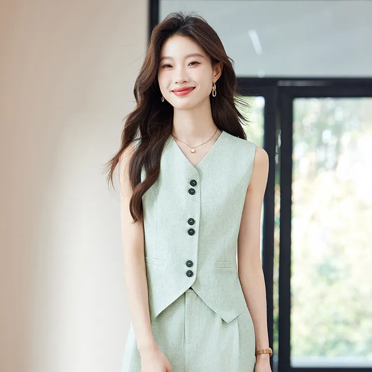 绿色西装套装裤女2025夏季新款时尚气质休闲无袖薄款背心马夹外套