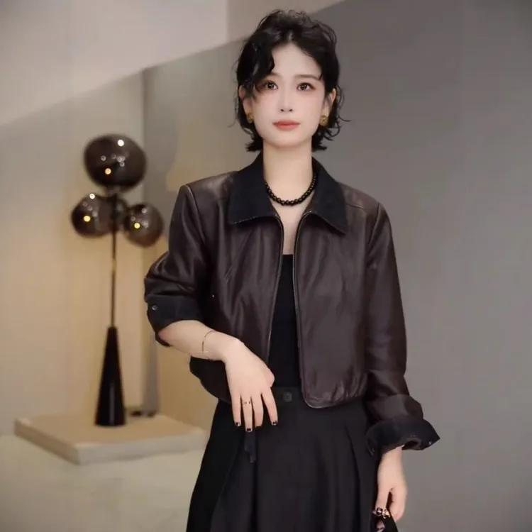 复古气质拉链撞色短款皮衣外套女2025秋季新款设计感小众百搭上衣