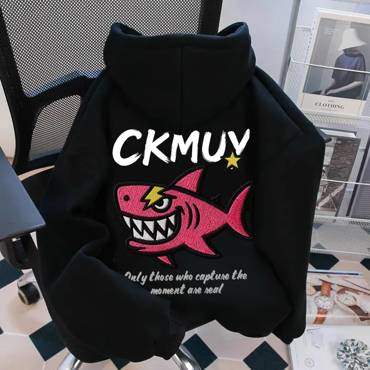 重磅500克加绒加厚连帽卫衣宽松秋冬季趣味鲨鱼男女同款男装外套Z