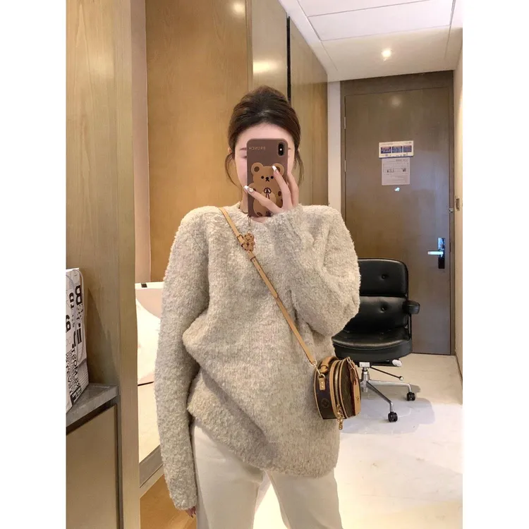 糯叽叽毛衣韩系宽松纯色好搭保暖圆领针织上衣女加厚2025秋冬新款