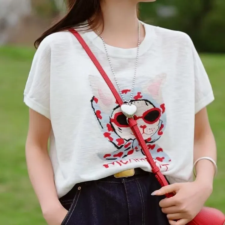 设计感卡通墨镜小猫短袖T恤女2025夏季新款欧货时尚圆领透气上衣