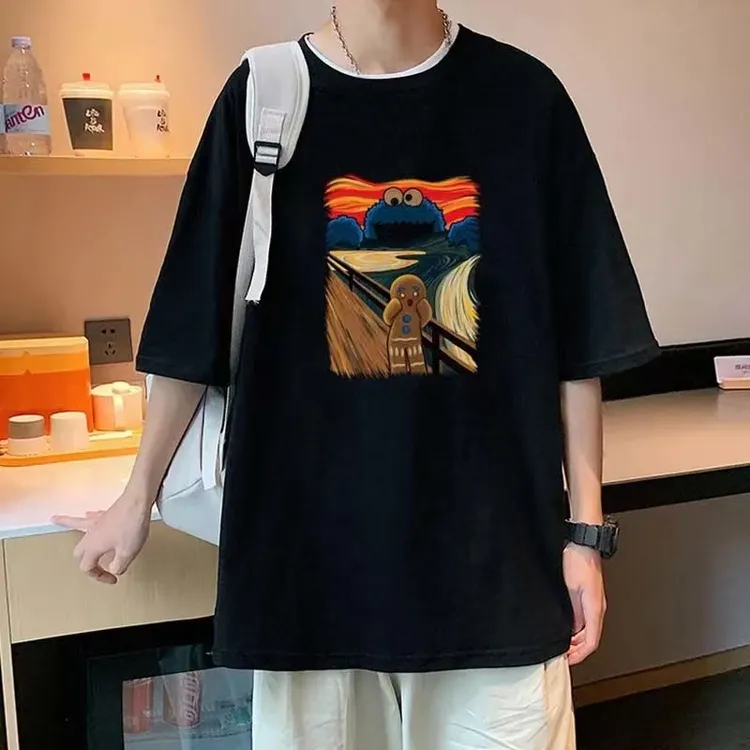 美式大码宽松纯棉印花T恤夏季圆领百搭学生休闲上衣复古潮牌体恤