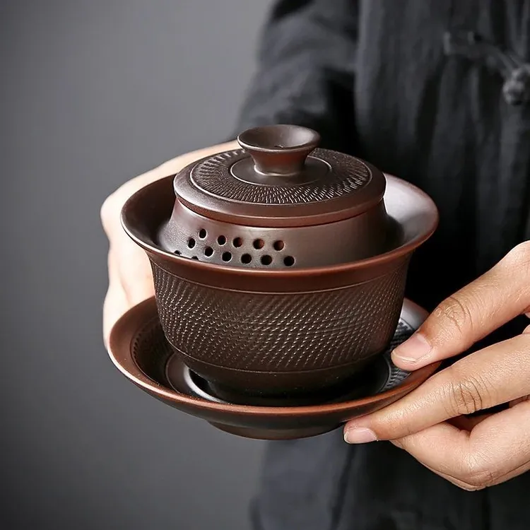 原矿紫陶盖碗防烫茶具手工三才碗家用送礼品茶器大容量手抓敬茶碗商品图