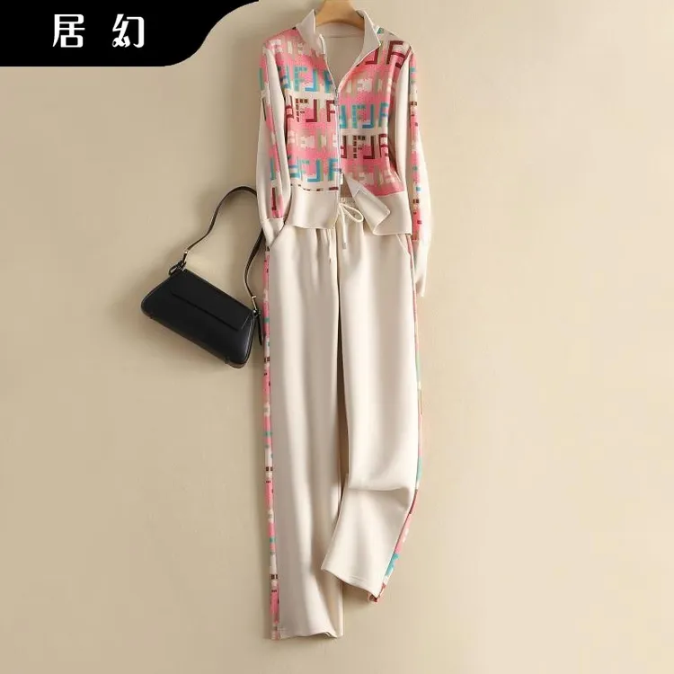 休闲运动套装女秋冬高端气质时尚印花高级感外套阔腿裤两件套
