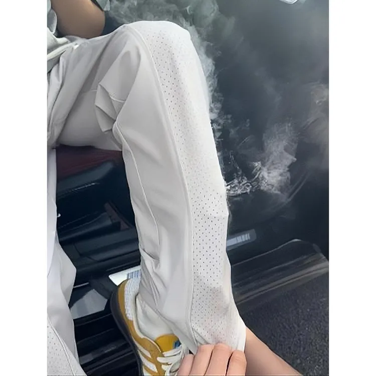 美式斜切弯刀冰丝裤子男夏薄款激光打孔速干运动裤微喇直筒休闲裤
