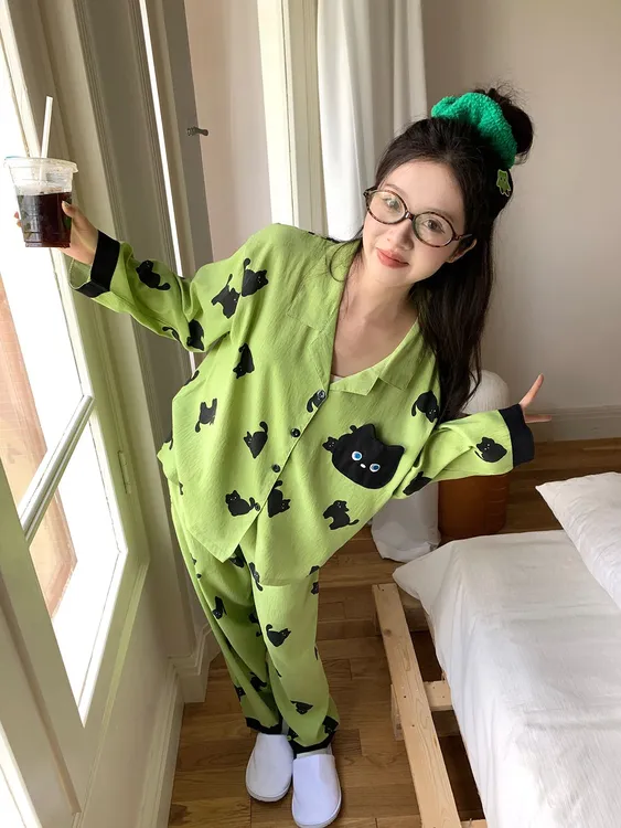 可爱小黑猫长袖睡衣女秋季可外穿薄款家居服绿色套装学生2025新款