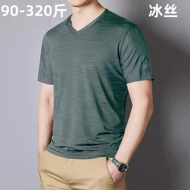 超大号特大码冰丝速干V领t恤男夏薄款胖子加肥加大短袖宽松300斤